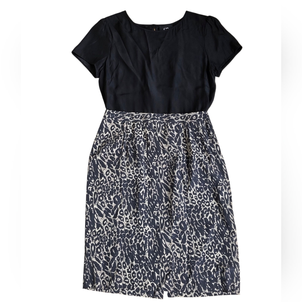 Co-op Barney's New York Black & Animal Print Short Sleeve Silk Dress Size 8
